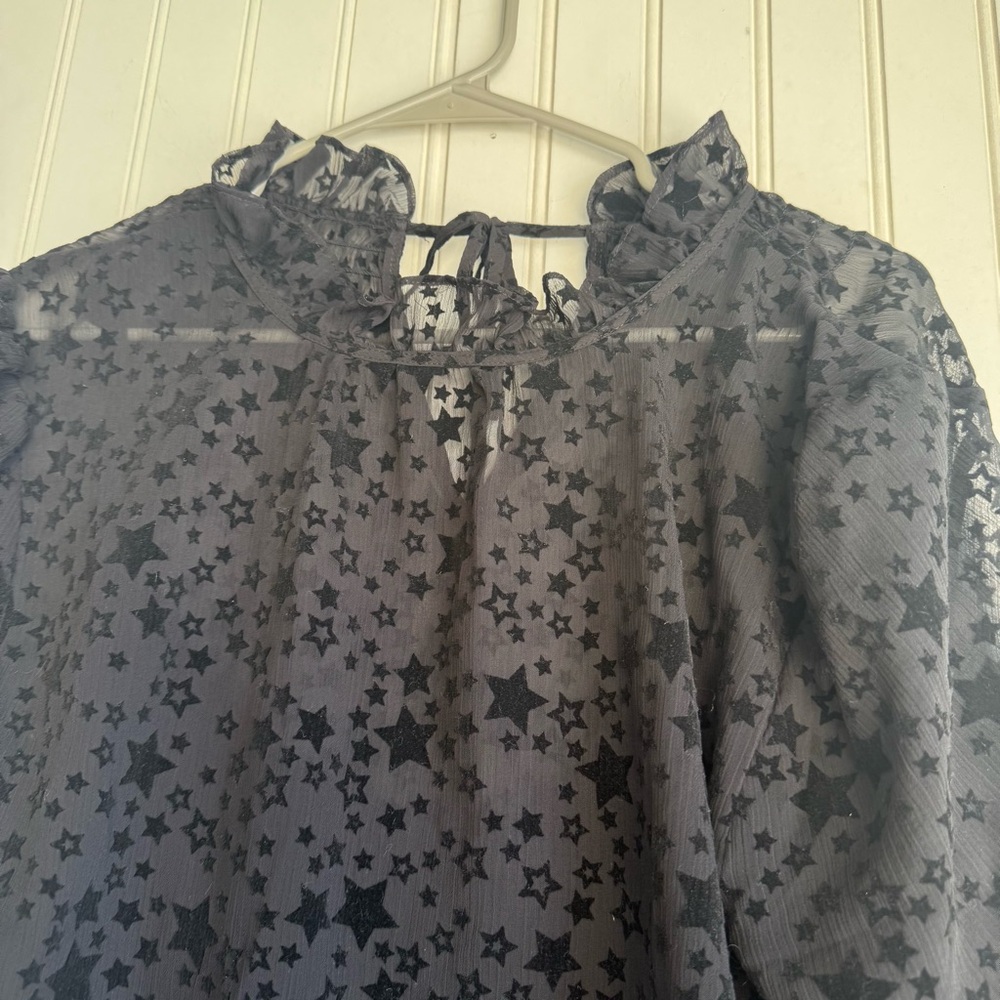 Ann Taylor LOFT Size L Sheer Black Star Ruffle Tie Neck Blouse - Picture 5 of 7